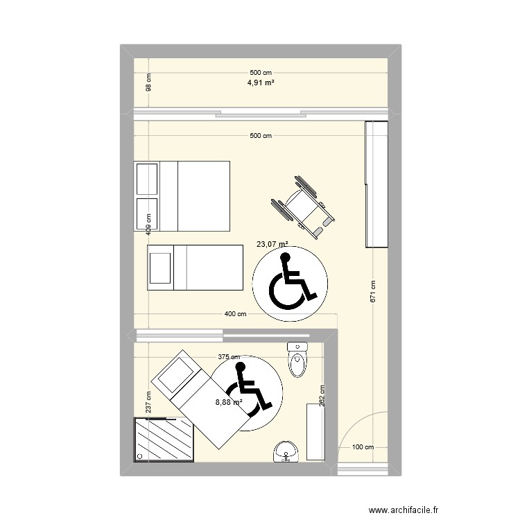 chambre indi. Plan de 3 pièces et 37 m2