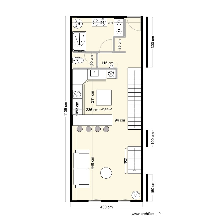 rdc. Plan de 4 pièces et 47 m2