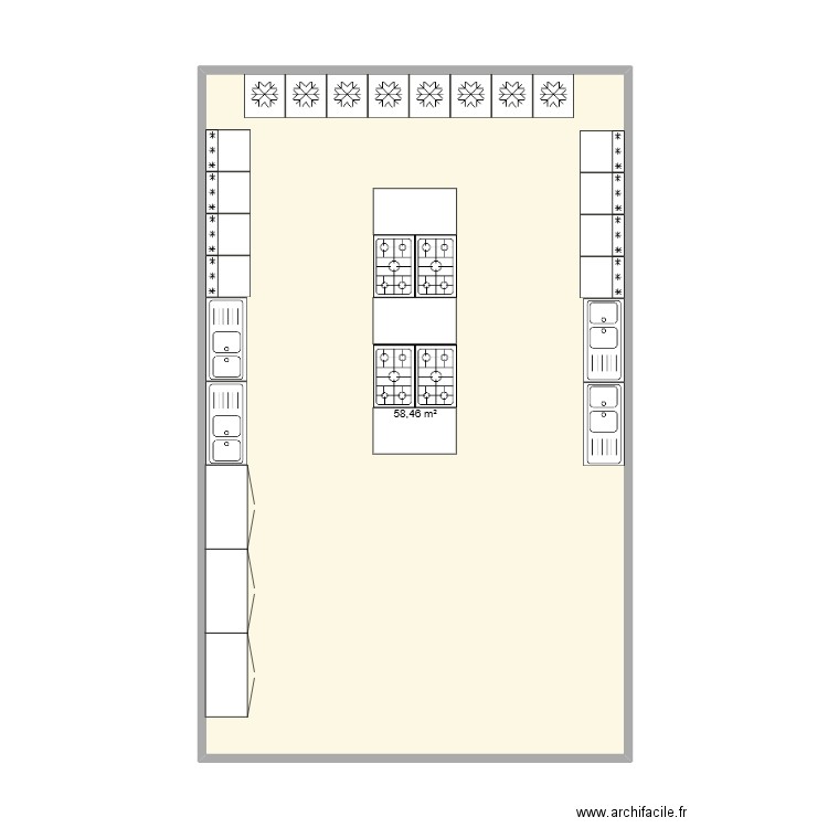 cuisine. Plan de 1 pièce et 58 m2