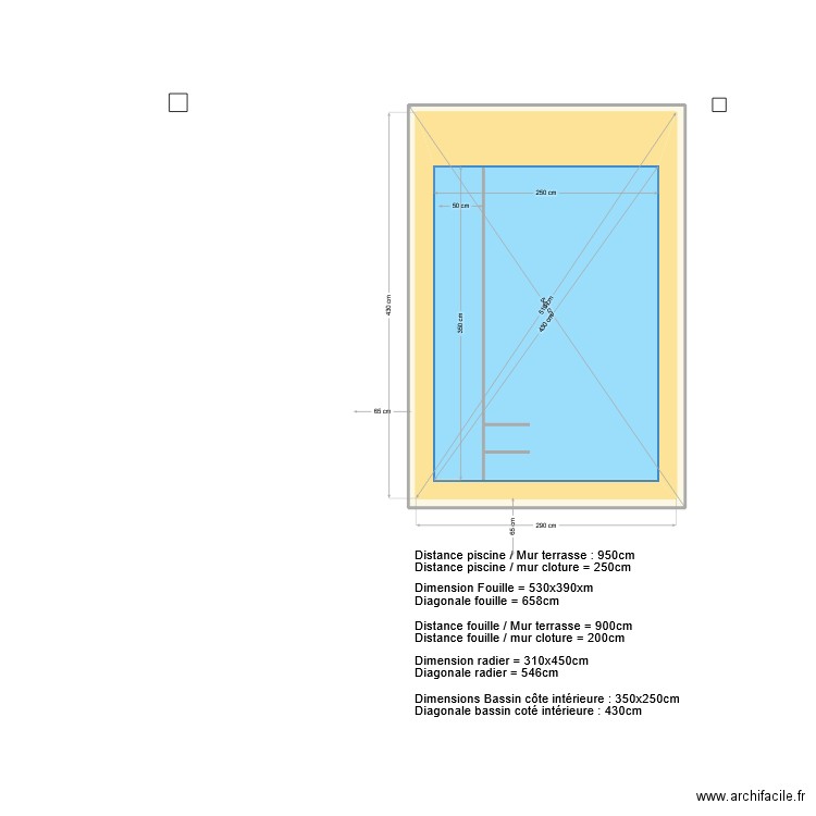 Piscine V8 cotes fouille. Plan de 2 pièces et 23 m2