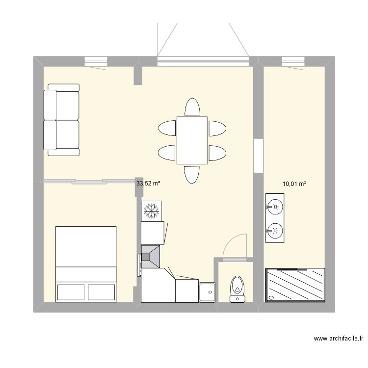 15 RC rdc. Plan de 2 pièces et 44 m2