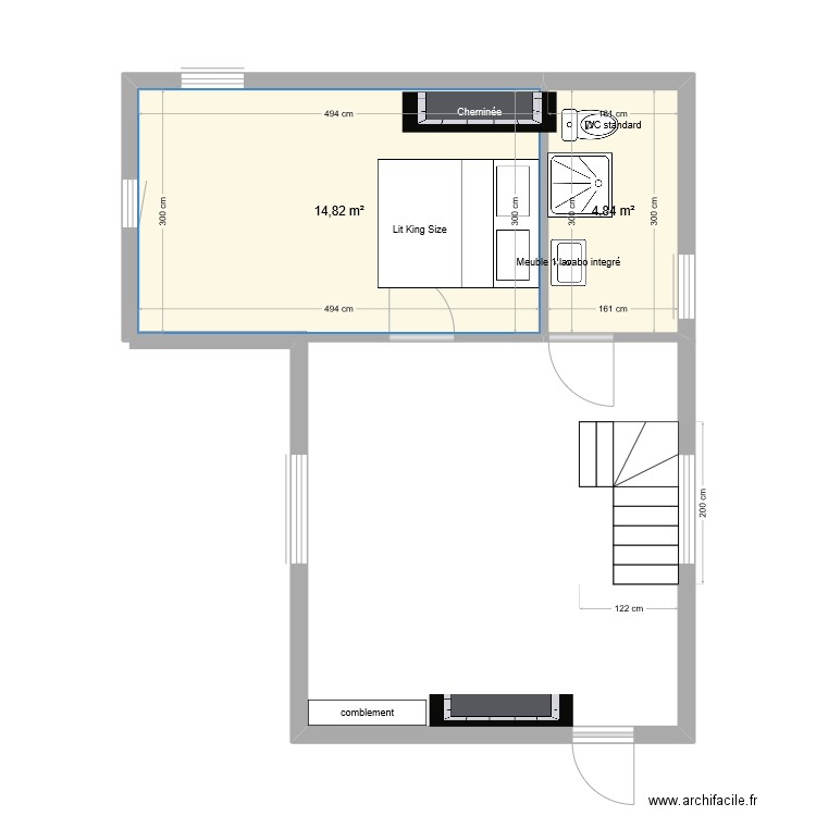 Ruguellou 1er etage escalier quart tournant gauche couloir. Plan de 2 pièces et 20 m2