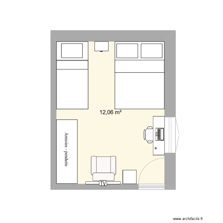 chambre 3. Plan de 1 pièce et 12 m2