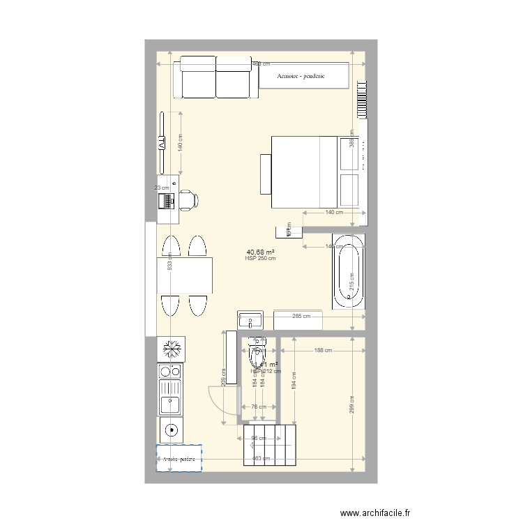 STUDIO CALE. Plan de 2 pièces et 42 m2