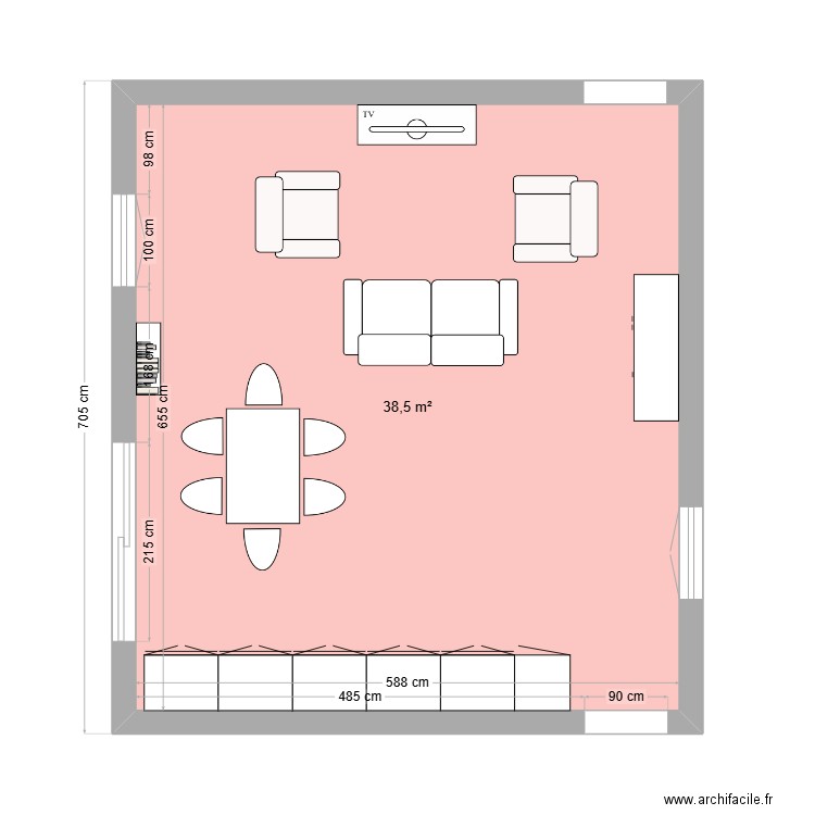 SALON - CUISINE. Plan de 1 pièce et 39 m2