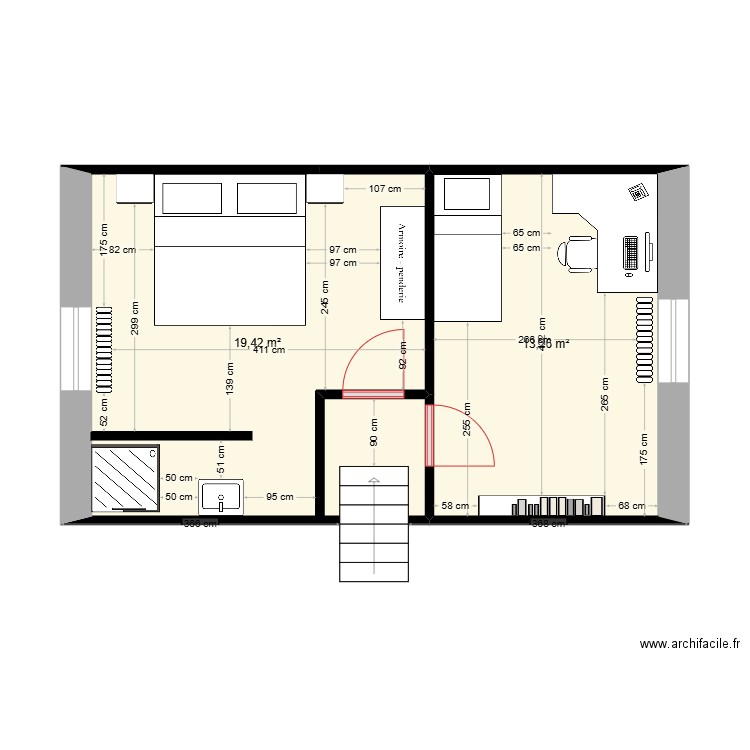 attic plan with materials. Plan de 2 pièces et 33 m2