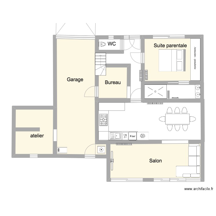 rdc. Plan de 6 pièces et 72 m2