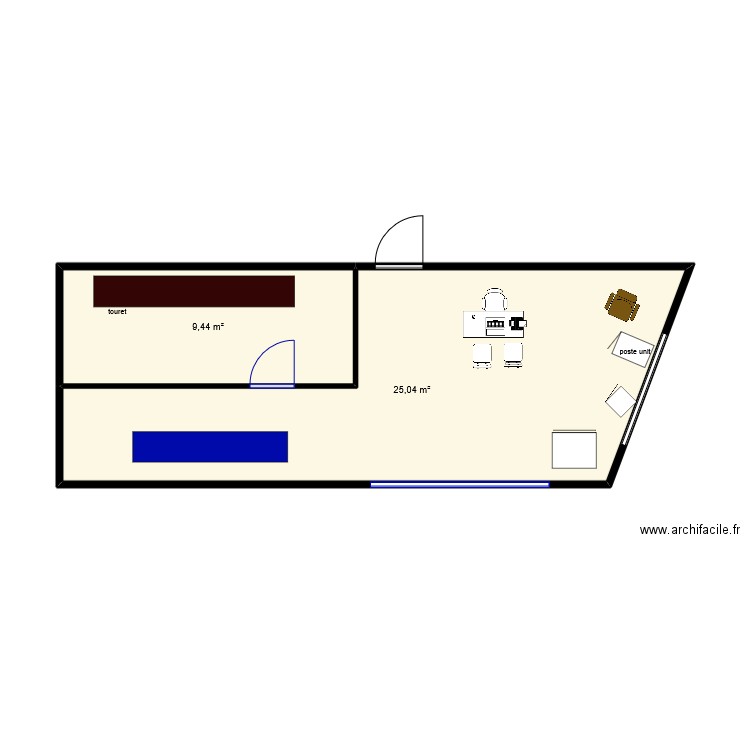 plan local 2D. Plan de 2 pièces et 34 m2