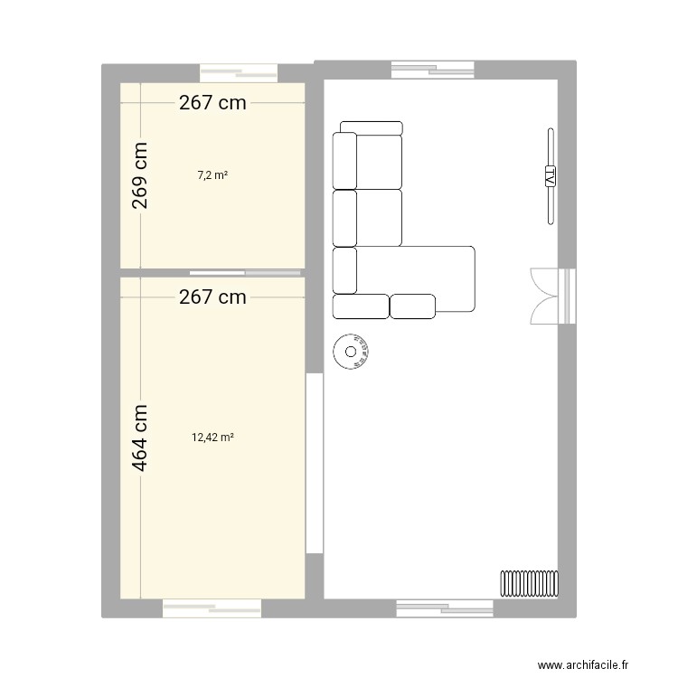 Rdc. Plan de 2 pièces et 20 m2