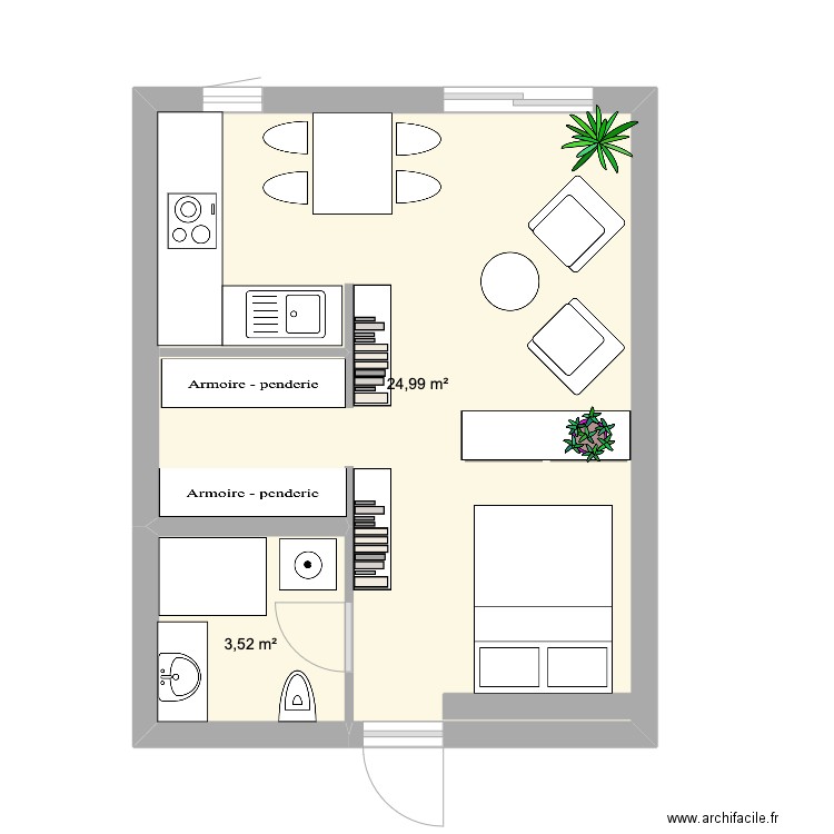 Studio initial finition. Plan de 2 pièces et 29 m2