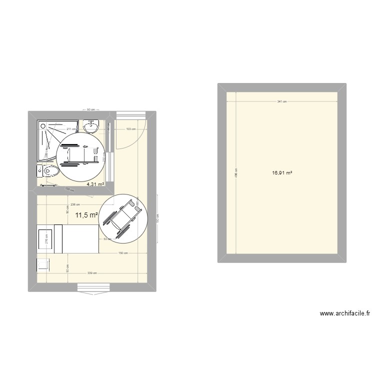 CLOS Chambre individuelle. Plan de 3 pièces et 33 m2