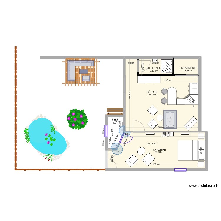 Kathia changement bureau appartement. Plan de 5 pièces et 42 m2