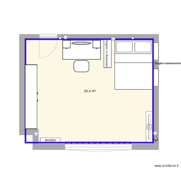 chambre leti. Plan de 1 pièce et 26 m2