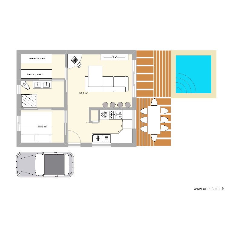 maison F2 . Plan de 2 pièces et 38 m2