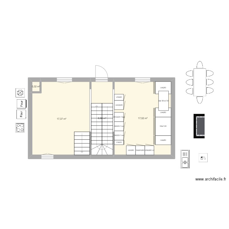 Cuisine kaki v2. Plan de 4 pièces et 42 m2