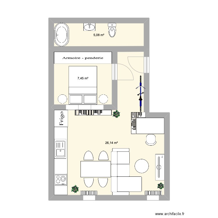 Appartement 1er . Plan de 3 pièces et 39 m2