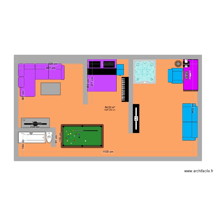 appatement de luxe gameur. Plan de 1 pièce et 64 m2