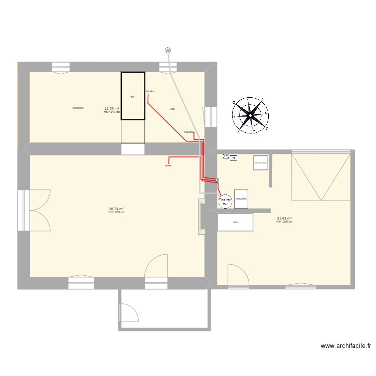 plan maison chauffage. Plan de 3 pièces et 93 m2