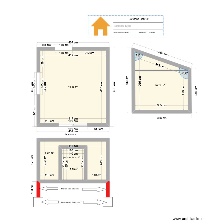 Soissons Linzeux. Plan de 4 pièces et 38 m2