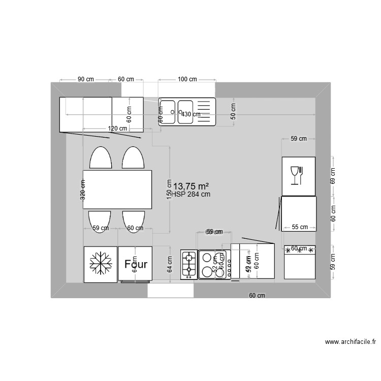 cuisine1. Plan de 1 pièce et 14 m2