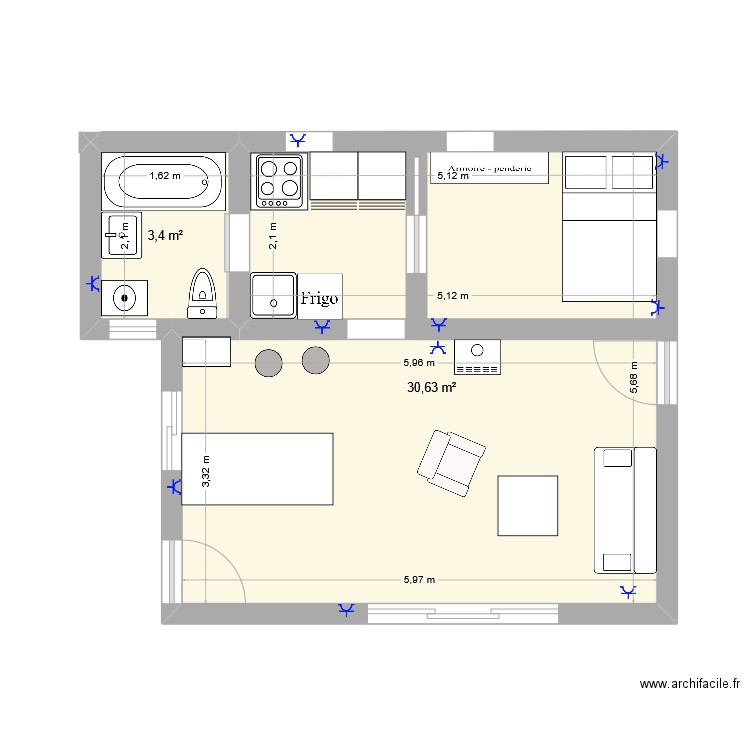 Cabanon 2. Plan de 2 pièces et 34 m2