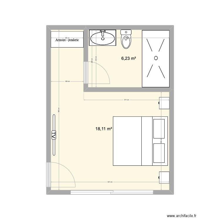 CHAMBRE AMI. Plan de 2 pièces et 24 m2