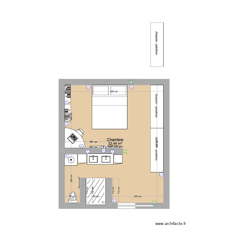 Chambre gauche. Plan de 1 pièce et 22 m2