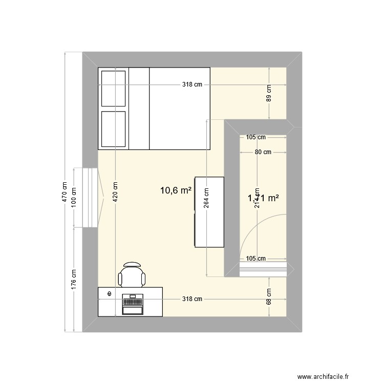 chambre 2. Plan de 2 pièces et 12 m2