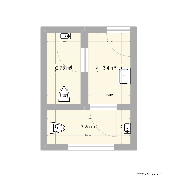 WC Daruty. Plan de 3 pièces et 9 m2