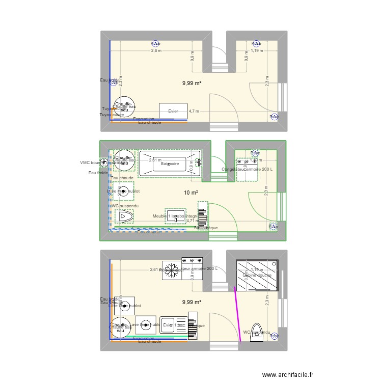 sdb 1. Plan de 3 pièces et 30 m2