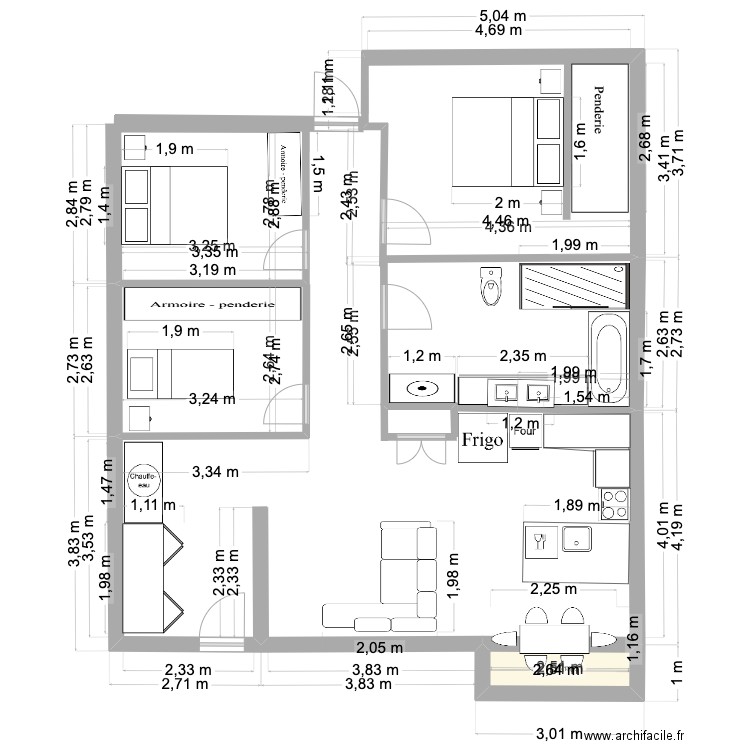 Noujoud logement. Plan de 1 pièce et 2 m2