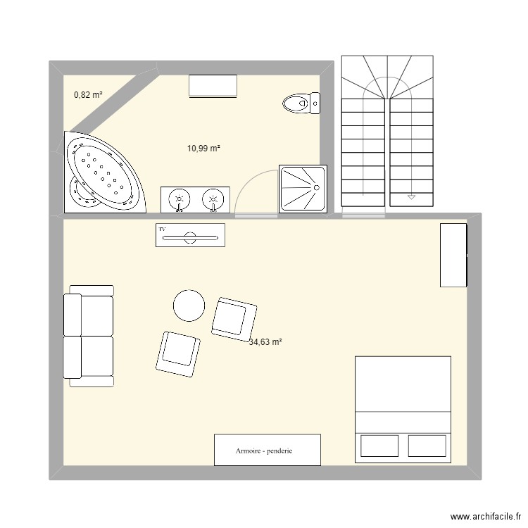 3eme. Plan de 3 pièces et 46 m2