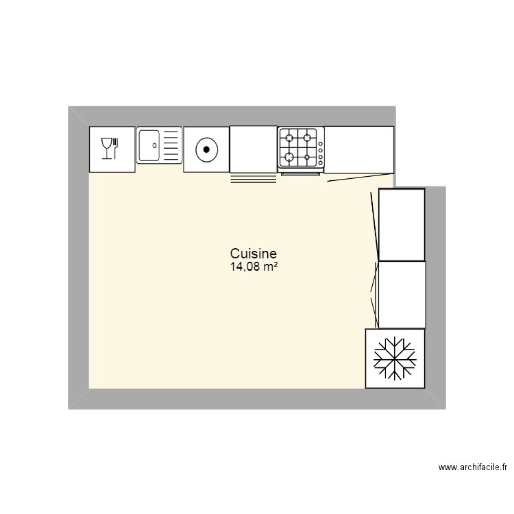 cuisine. Plan de 1 pièce et 14 m2