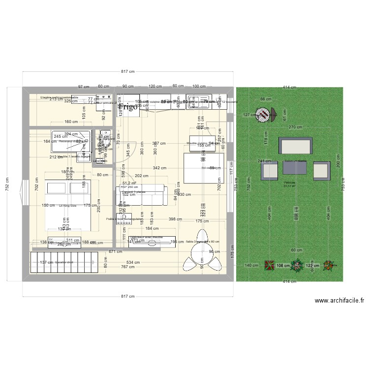 meta 2 étage. Plan de 2 pièces et 52 m2