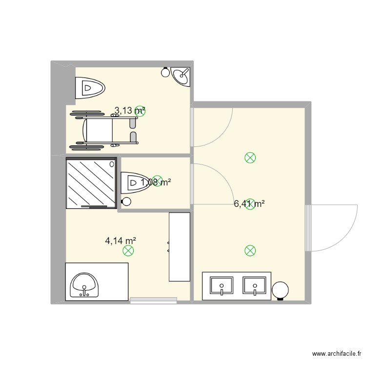 sanitaires. Plan de 4 pièces et 15 m2