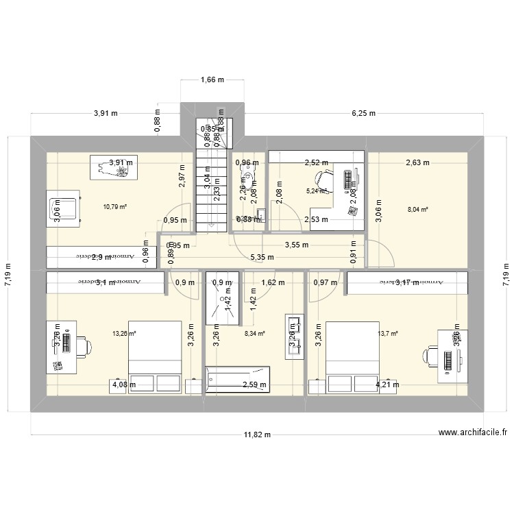 Maison Gwen étage. Plan de 7 pièces et 69 m2