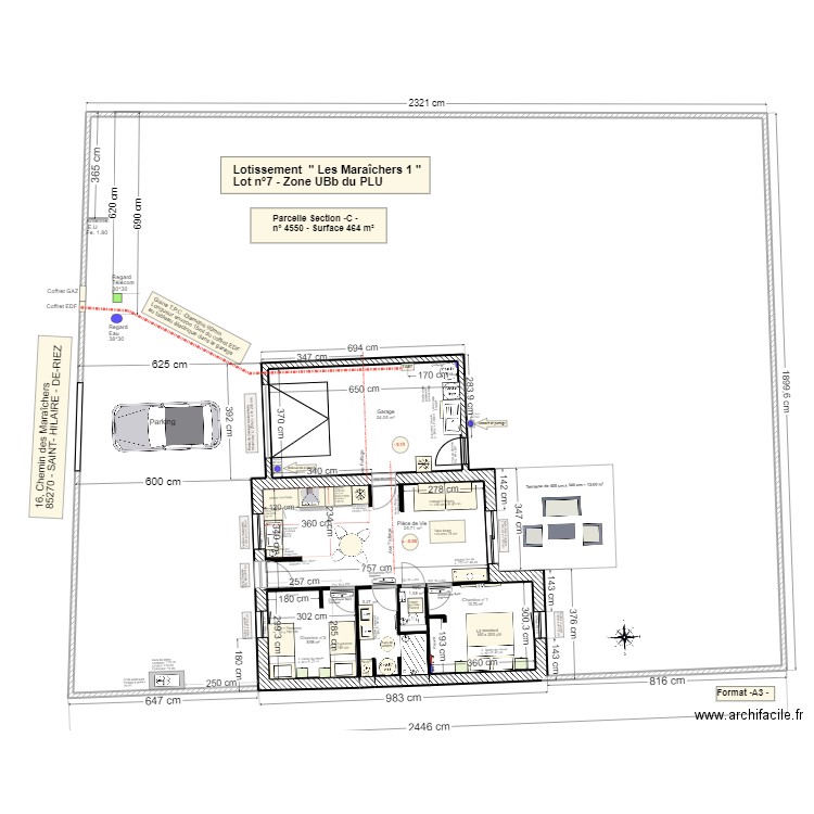 Alimentation du coffret EDF au Tableau électrique dans le garage. Plan de 6 pièces et 76 m2