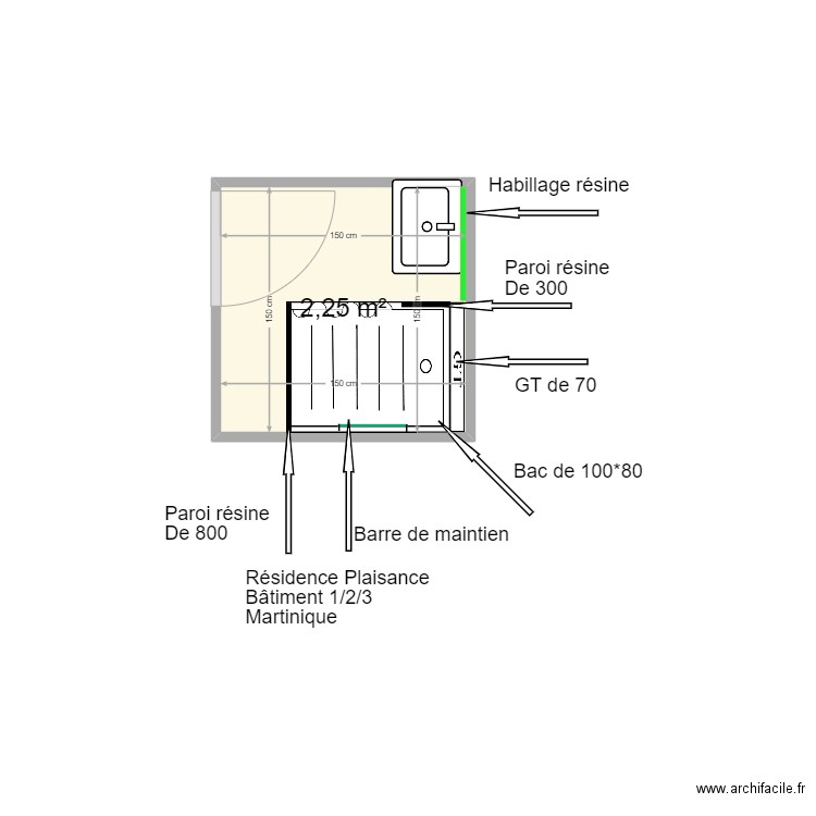 Bâtiment 1/2/3 Martinique. Plan de 1 pièce et 2 m2