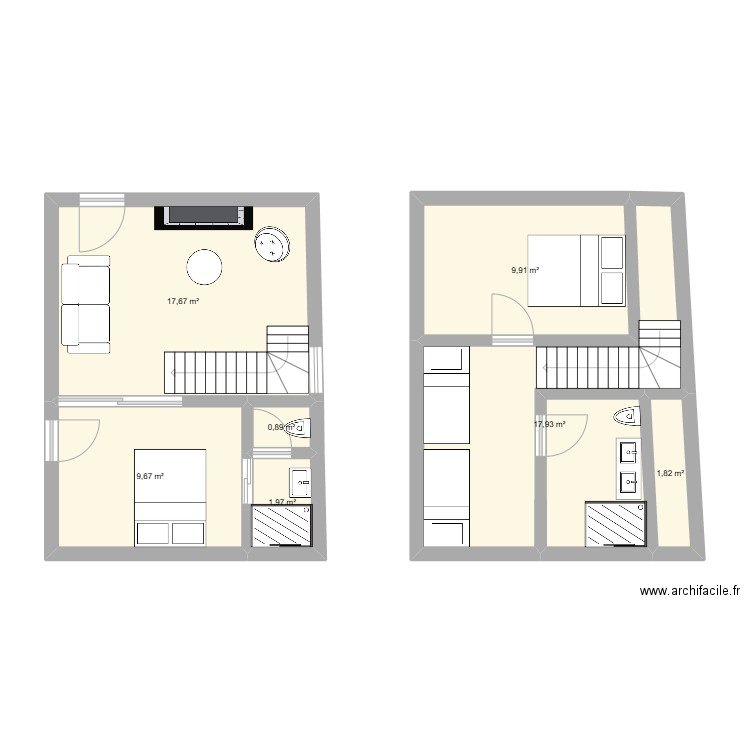 chambre d'H. Plan de 7 pièces et 60 m2