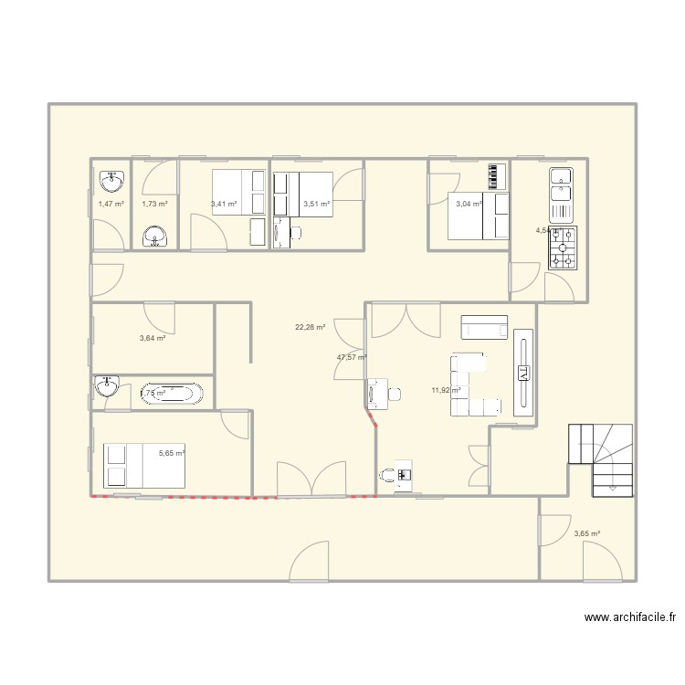 kd2244. Plan de 13 pièces et 114 m2