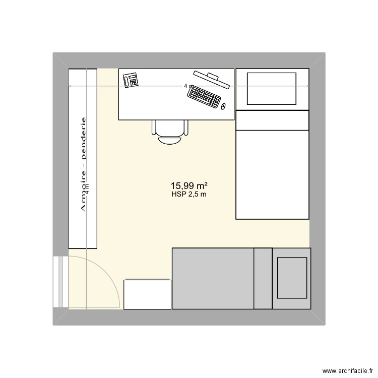 Chambre France. Plan de 1 pièce et 16 m2