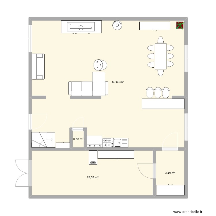 RDC. Plan de 4 pièces et 72 m2