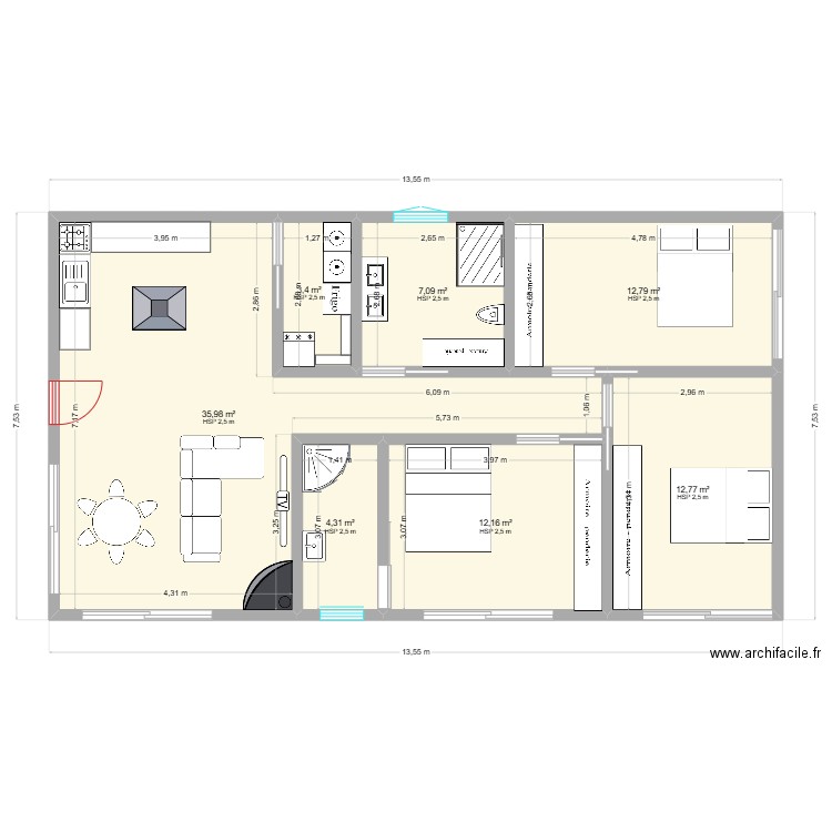 maison du bonheur. Plan de 7 pièces et 89 m2