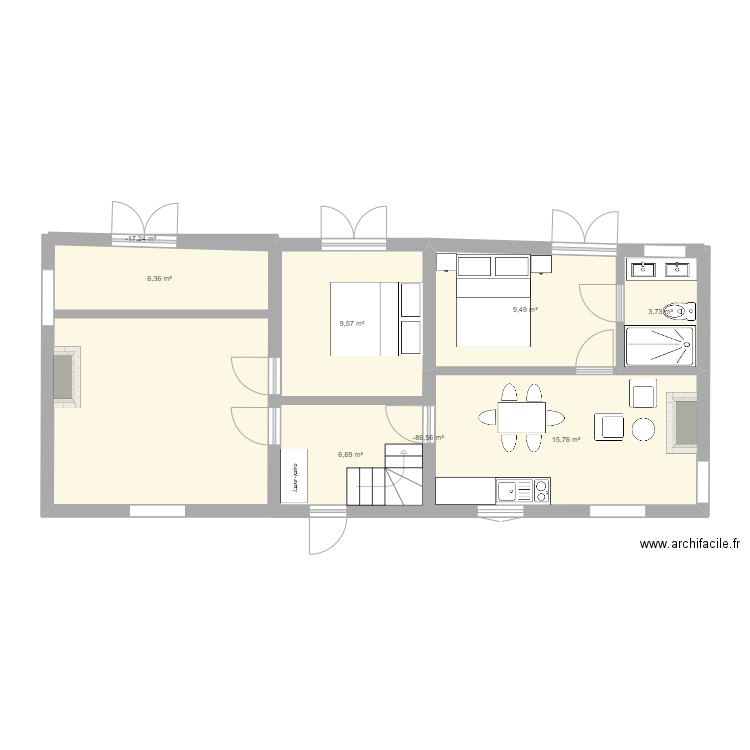 Maison sud b. Plan de 8 pièces et 53 m2