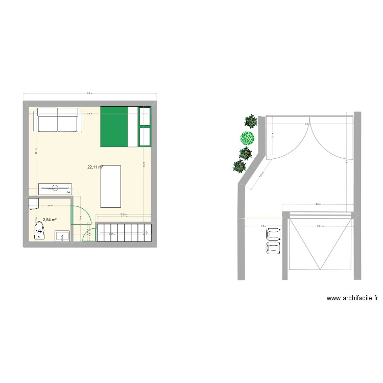 1er étage. Plan de 2 pièces et 25 m2