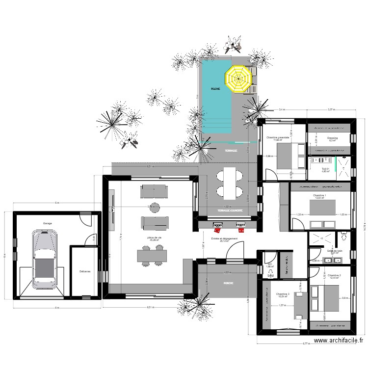 maison en forme de H. Plan de 12 pièces et 169 m2