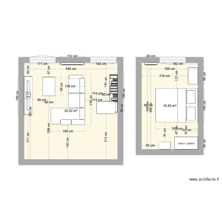 salon . Plan de 2 pièces et 31 m2