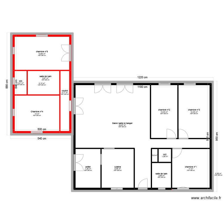 extension 3. Plan de 16 pièces et 180 m2