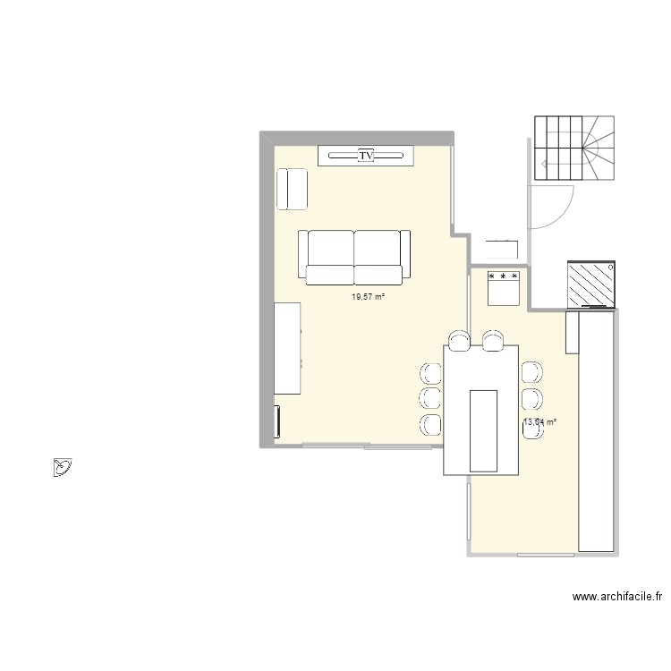 salle. Plan de 2 pièces et 33 m2