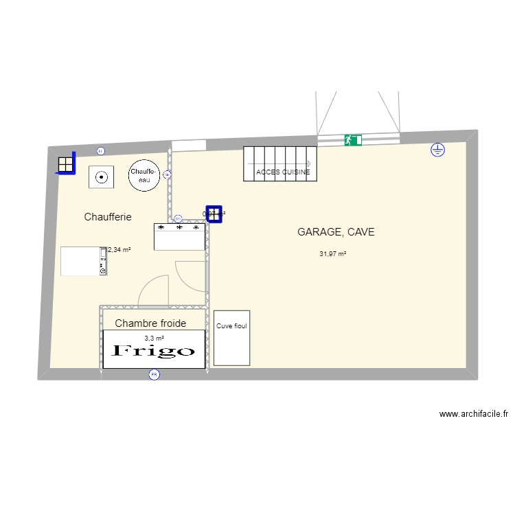 Sous sol . Plan de 4 pièces et 48 m2